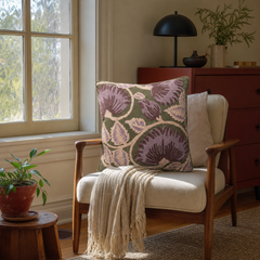 Folly Olive Green Embroidered Throw Pillow styled in a Portland Alberta Arts sitting room lifestyle - Whats New Furniture