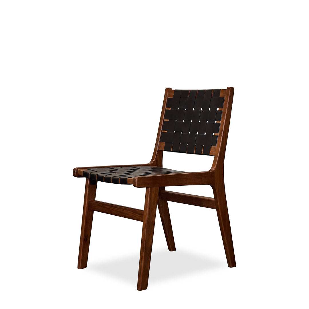 Fortmaine Dining Chair in natural acacia side angle - acacia and woven leather dining chair by Ashley - Whats New Furniture Portland OR