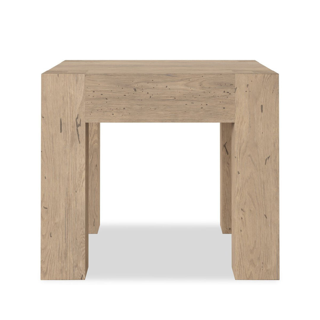 Abaso End Table in Whitewash Rustic Wormwood Oak front studio view - Whats New Furniture Portland OR