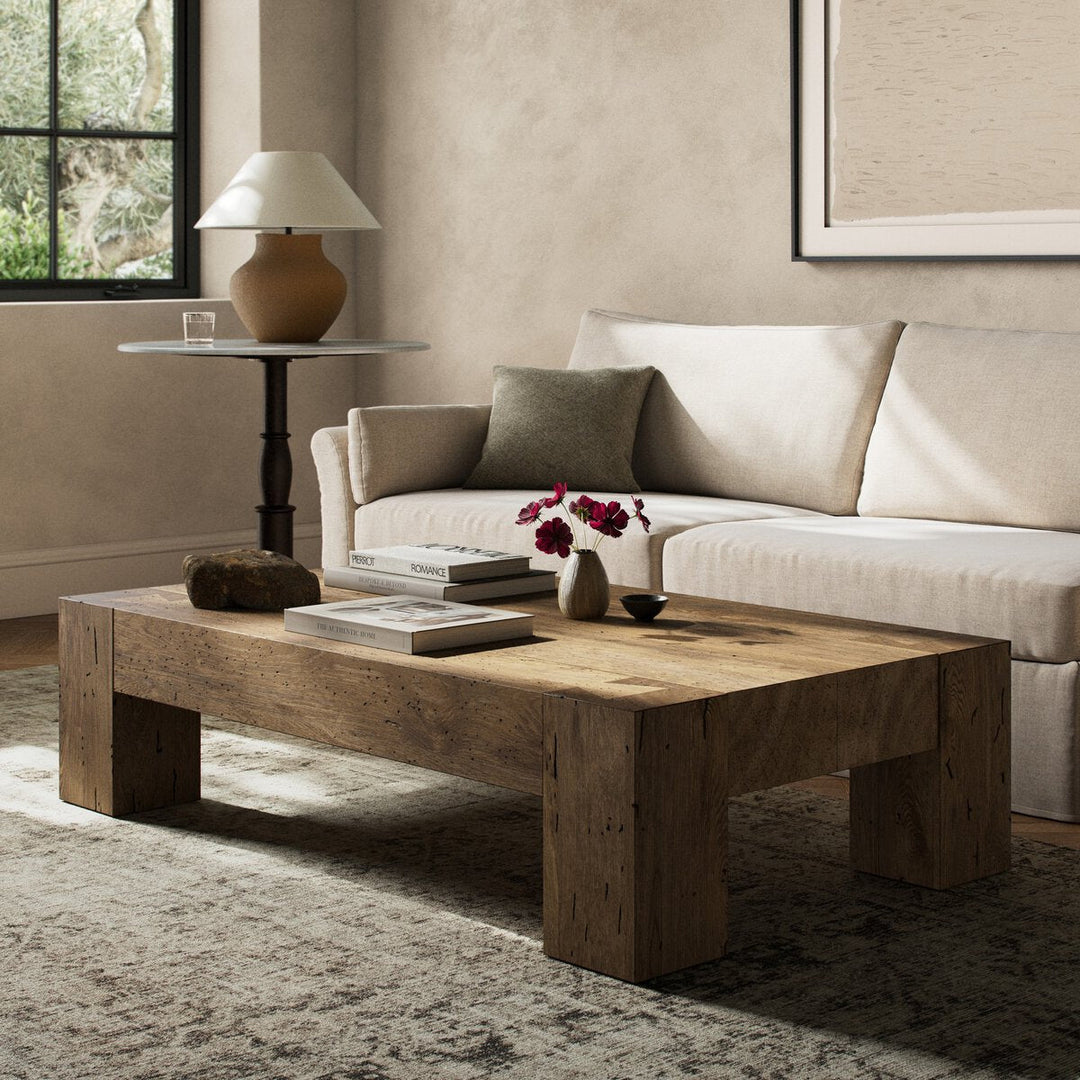Abaso Rectangular Coffee Table in Rustic Wormwood Oak back view - Whats New Furniture Portland OR