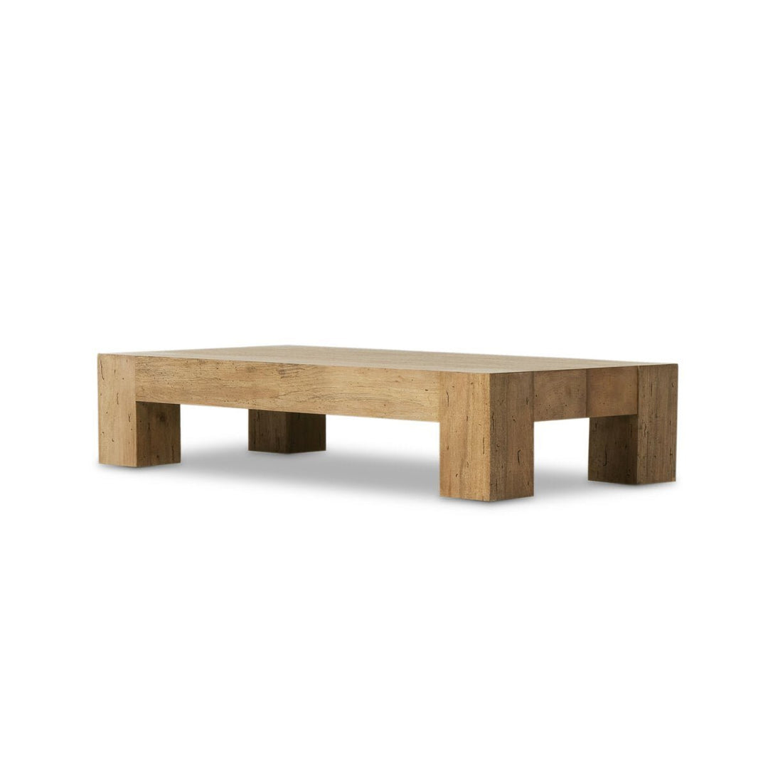 Abaso Rectangular Coffee Table in Rustic Wormwood Oak three-quarter view - Whats New Furniture Portland OR
