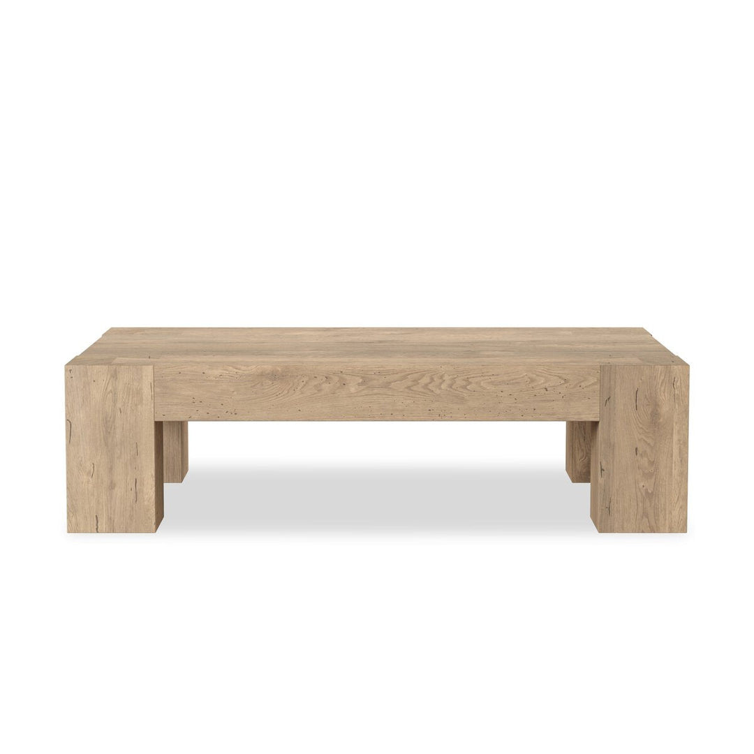 Abaso Rectangular Coffee Table in Whitewash Rustic Wormwood Oak / Smoked Oak Veneer front studio view - Whats New Furniture Portland OR