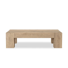 Abaso Rectangular Coffee Table in Whitewash Rustic Wormwood Oak / Smoked Oak Veneer front studio view - Whats New Furniture Portland OR