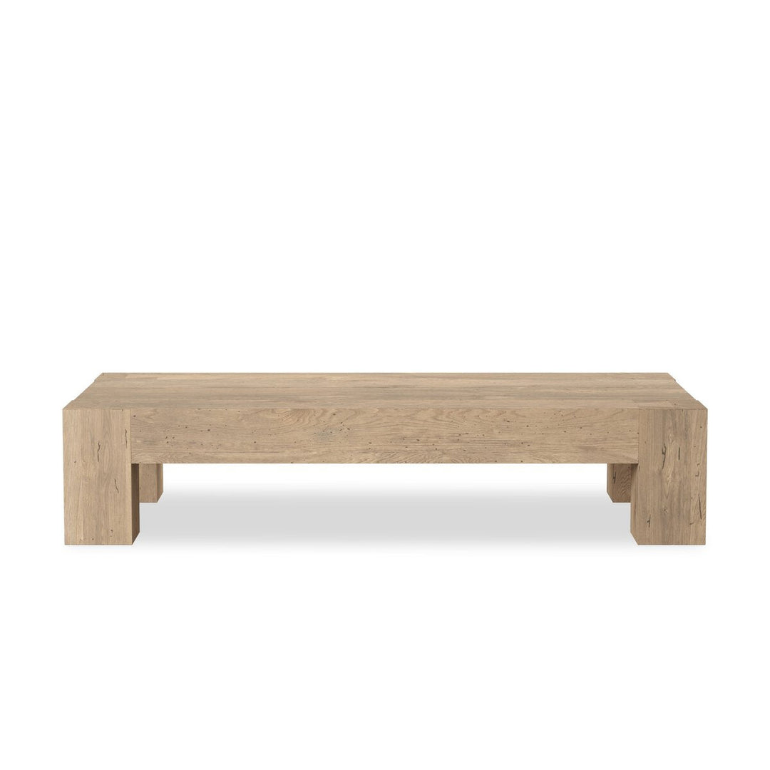 Abaso Rectangular Coffee Table in Whitewash Rustic Wormwood Oak front studio view - Whats New Furniture Portland OR