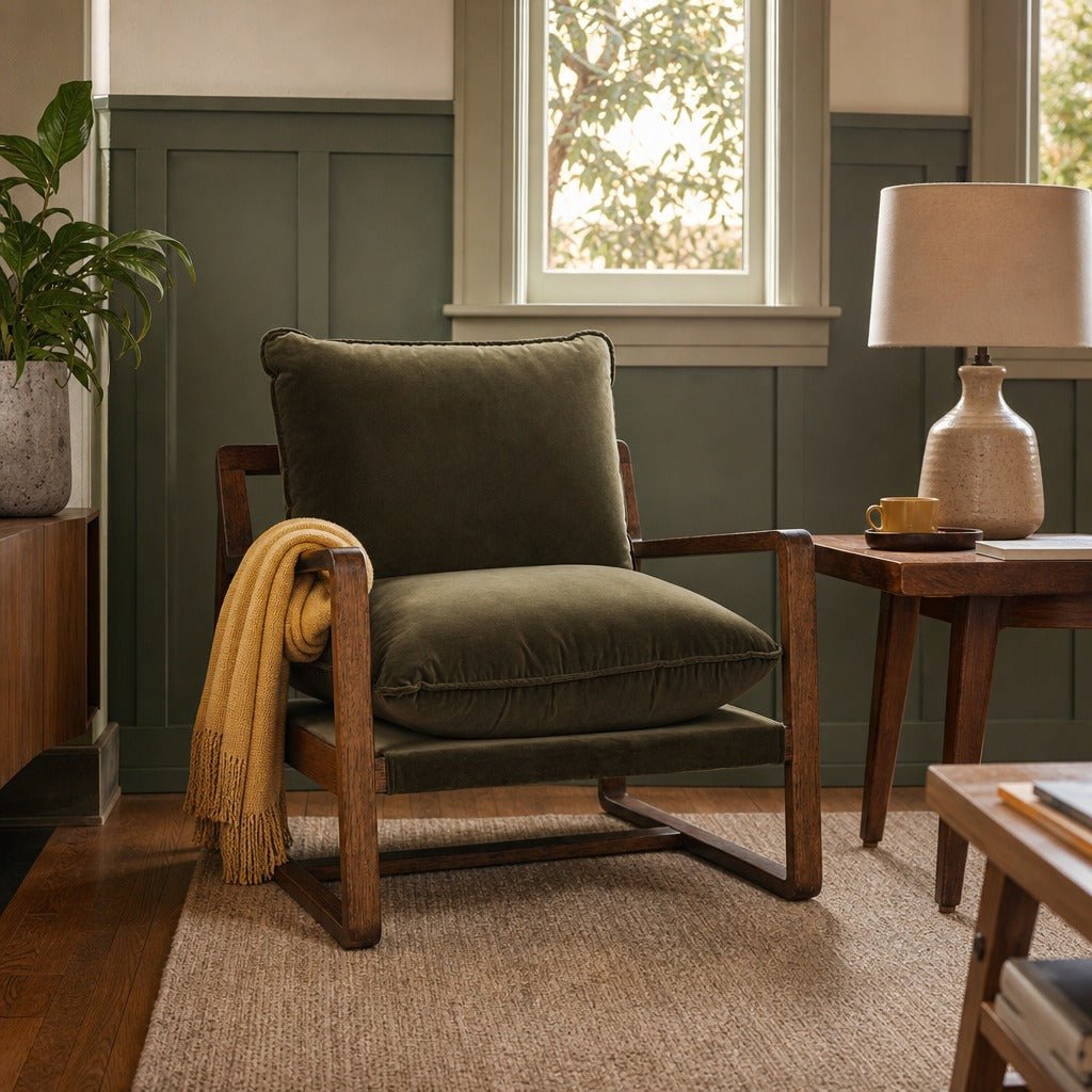 Ace Chair in Surrey Olive styled in Portland Hawthorne Craftsmbungalow living room - Whats New Furniture