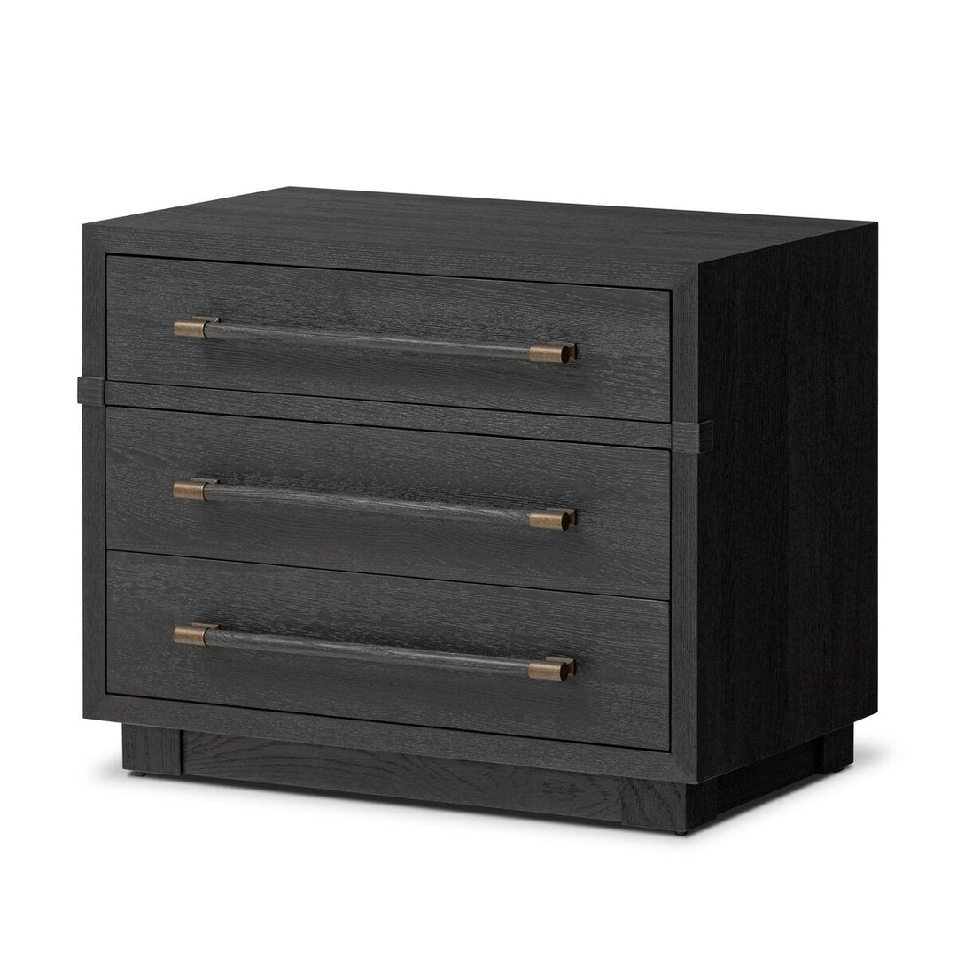 Adolfo Nightstand in Modern Black Ash three-quarter view showing linear bronzed hardware - Whats New Furniture Portland OR