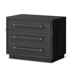 Adolfo Nightstand in Modern Black Ash three-quarter view showing linear bronzed hardware - Whats New Furniture Portland OR