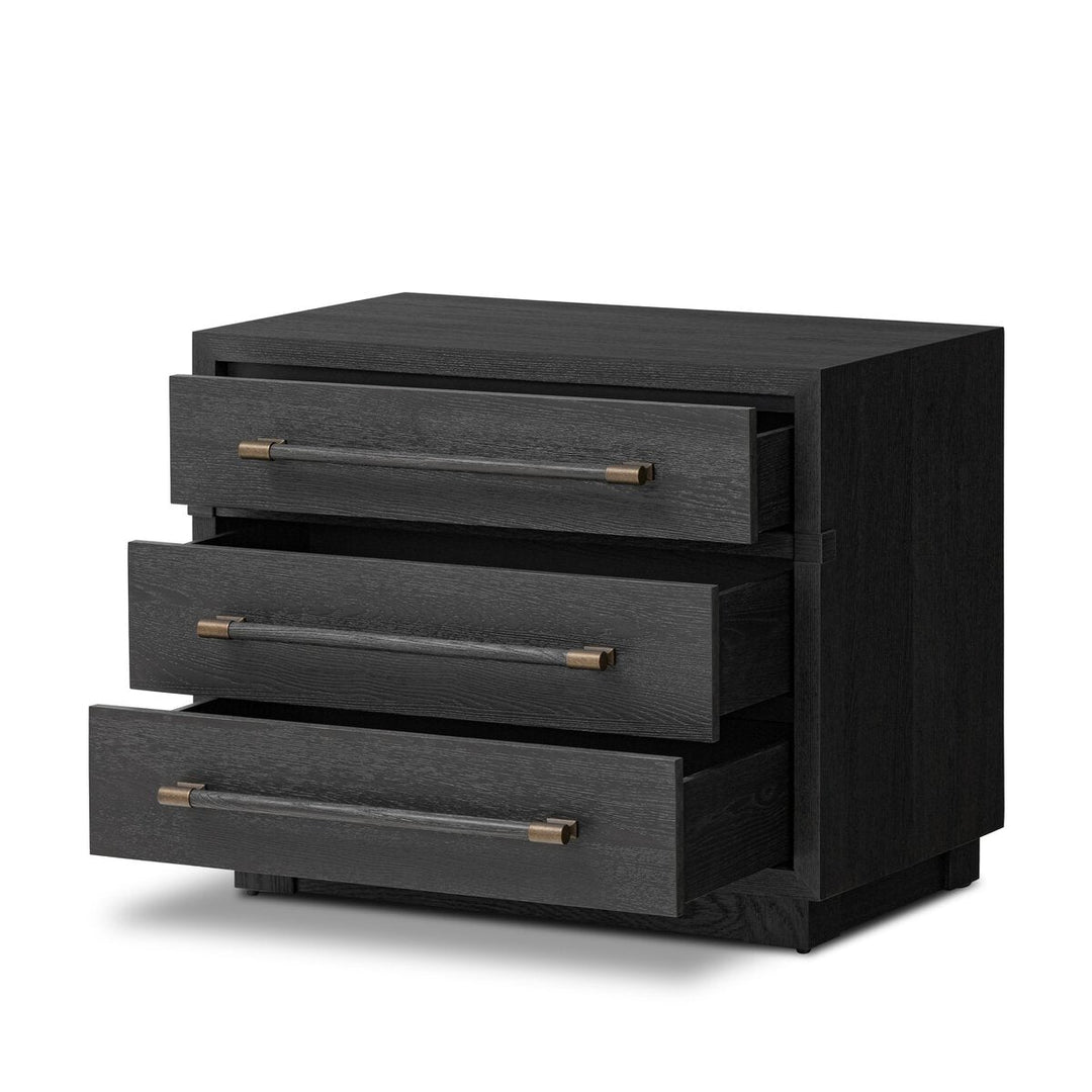 Adolfo Nightstand in Modern Black Ash lifestyle view styled in a bedroom - Whats New Furniture Portland OR