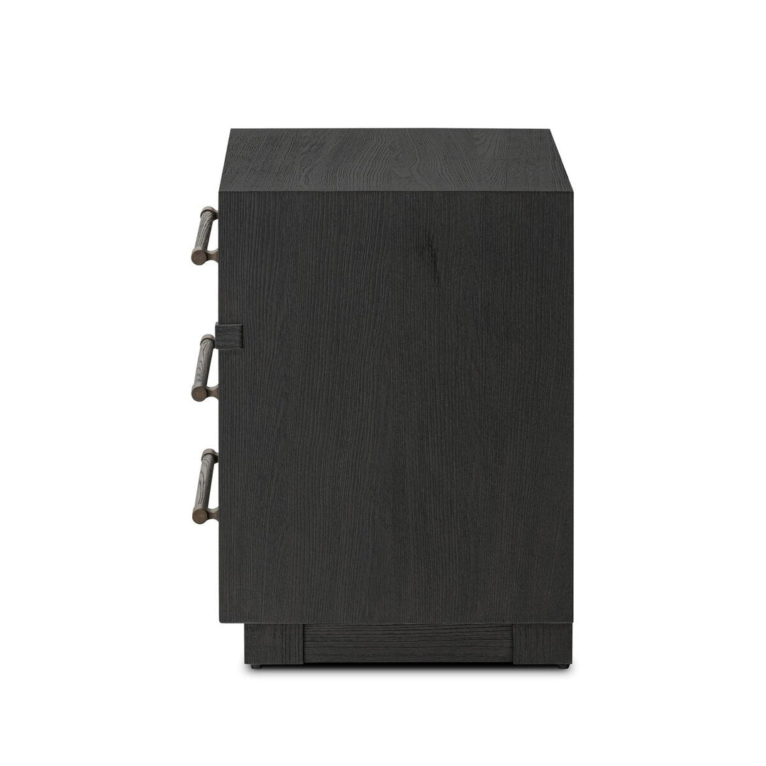 Adolfo Nightstand in Modern Black Ash side view showing three drawers - Whats New Furniture Portland OR