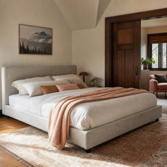 Aidan Bed in Plushtone Linen (King) styled in Portland Laurelhurst Tudor cottage bedroom - Whats New Furniture