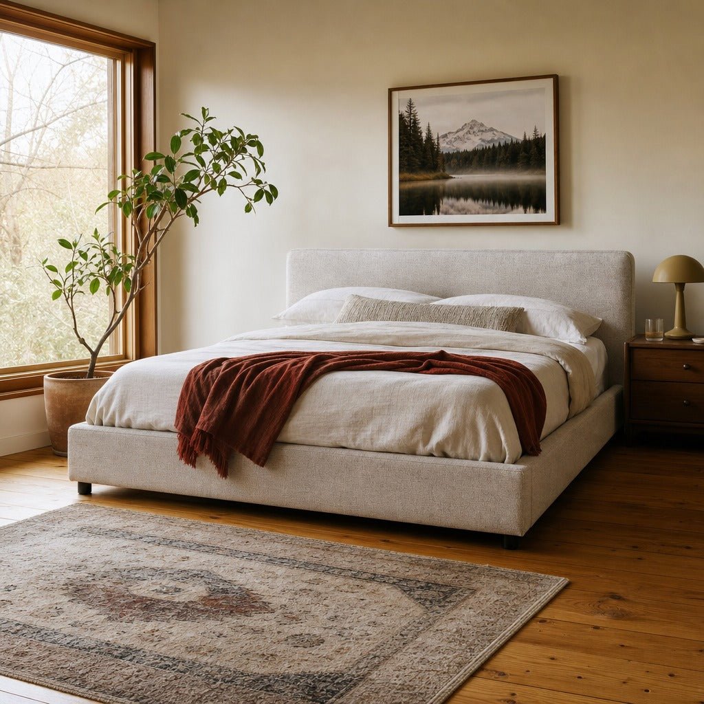 Aidan Bed in Plushtone Linen (Queen) styled in Portland AlbertArts foursquare bedroom - Whats New Furniture