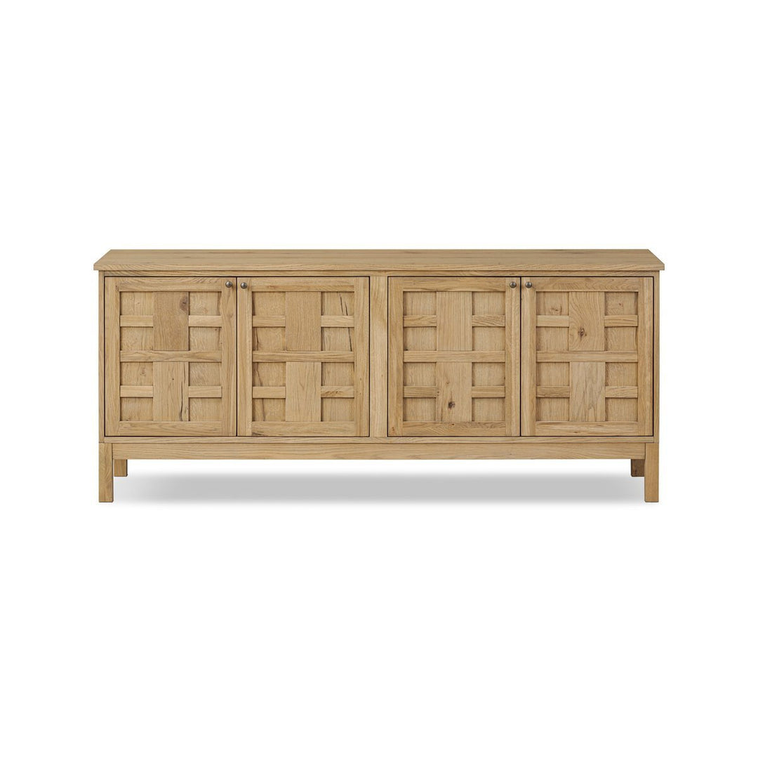 Alessio Media Console in Aged Natural Oak Veneer front studio view - Whats New Furniture Portland OR