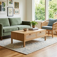 Allegra Coffee Table in Honey Oak room setting - storage coffee table by Four Hands - Whats New Furniture Portland OR