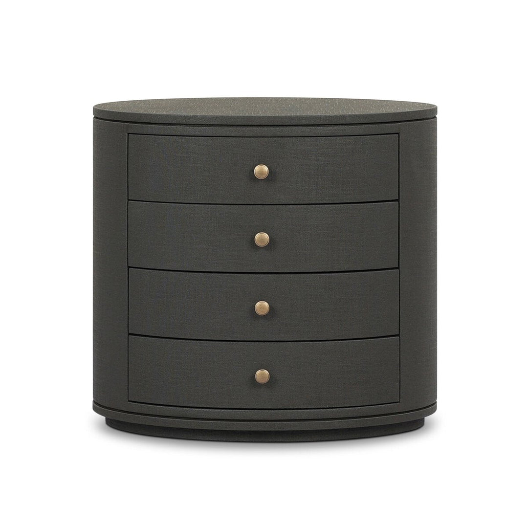 Amelia Oval Nightstand in Dark Green Lacquered Linen front studio view - Whats New Furniture Portland OR
