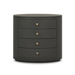 Amelia Oval Nightstand in Dark Green Lacquered Linen front studio view - Whats New Furniture Portland OR