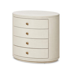 Amelia Oval Nightstand in Ivory Painted Linen three-quarter studio view - Whats New Furniture Portland OR