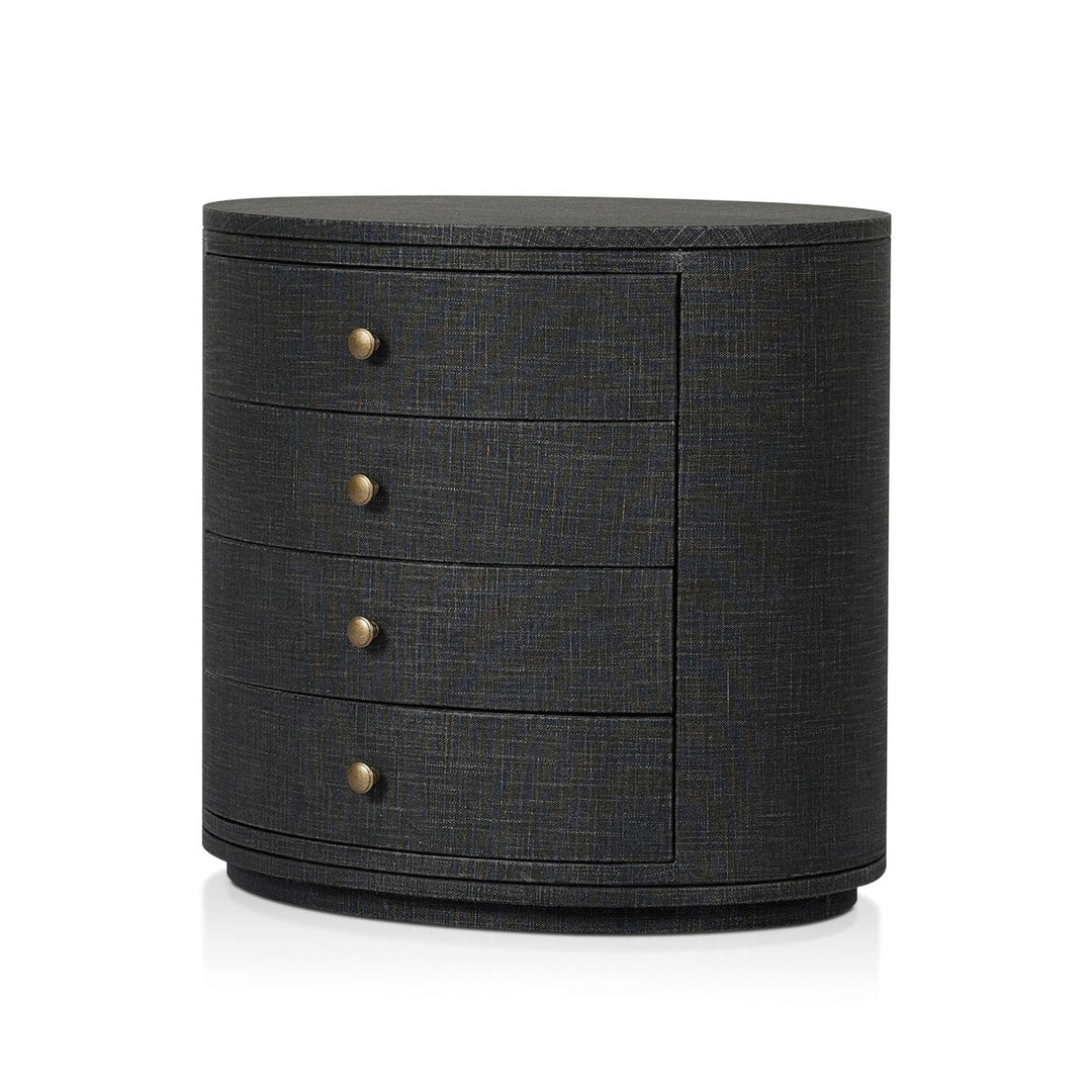 Amelia Oval Nightstand in Black Linen three-quarter studio view - Whats New Furniture Portland OR