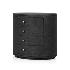 Amelia Oval Nightstand in Black Linen three-quarter studio view - Whats New Furniture Portland OR