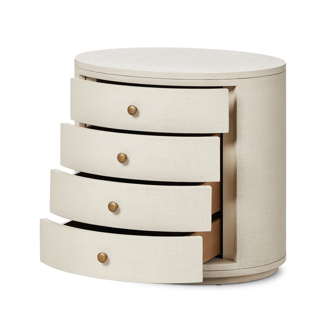Amelia Oval Nightstand in Ivory Painted Linen top surface detail view - Whats New Furniture Portland OR