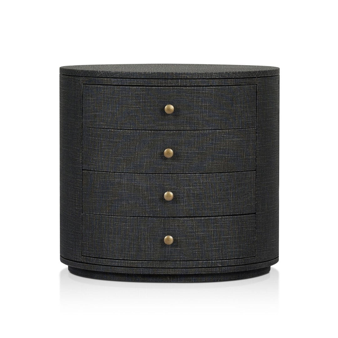 Amelia Oval Nightstand in Black Linen front studio view - Whats New Furniture Portland OR