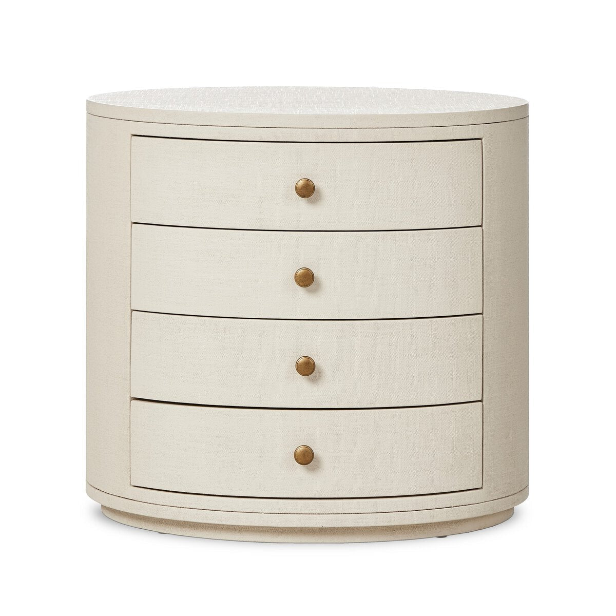 Amelia Oval Nightstand in Ivory Painted Linen front studio view - Whats New Furniture Portland OR