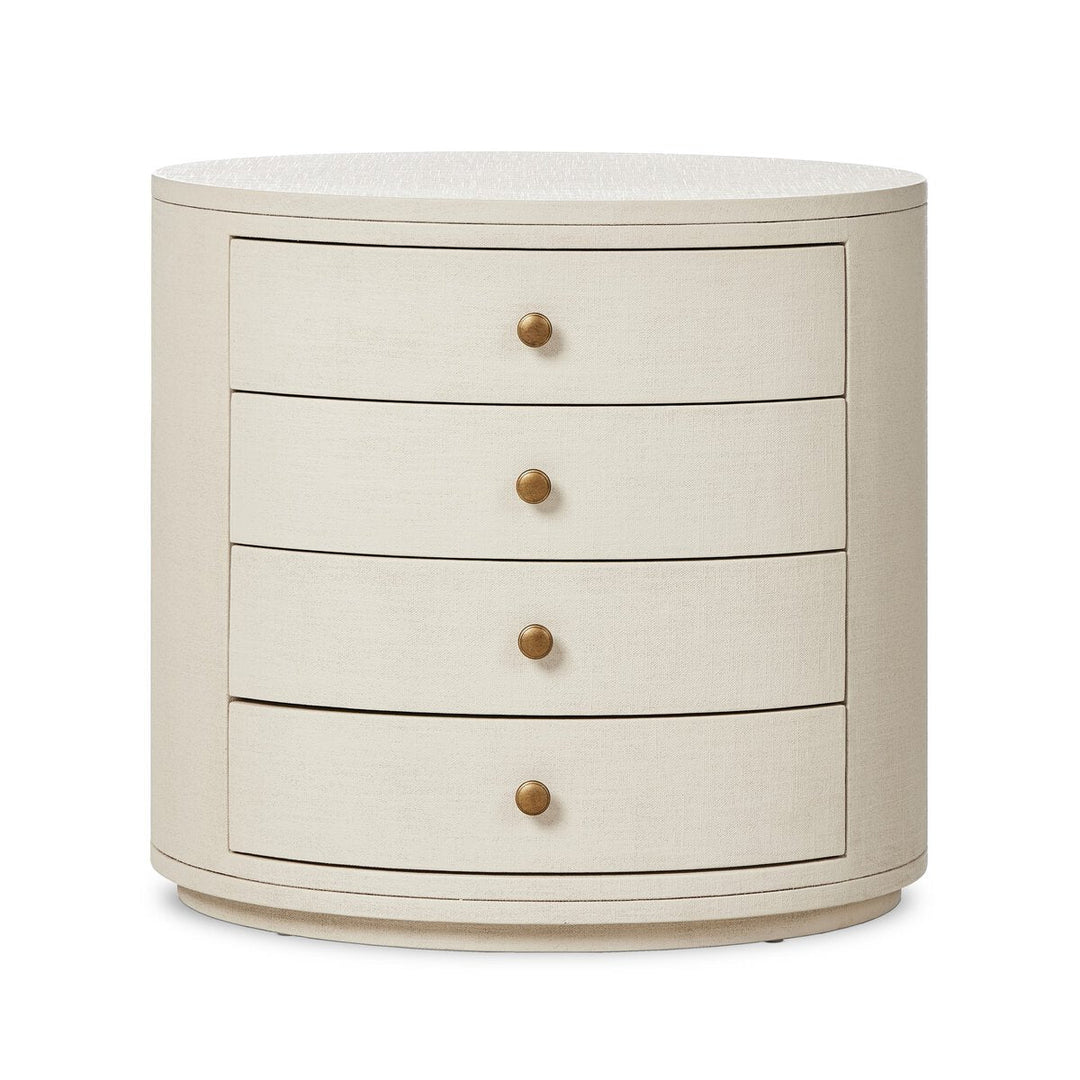 Amelia Oval Nightstand in Ivory Painted Linen front studio view - Whats New Furniture Portland OR