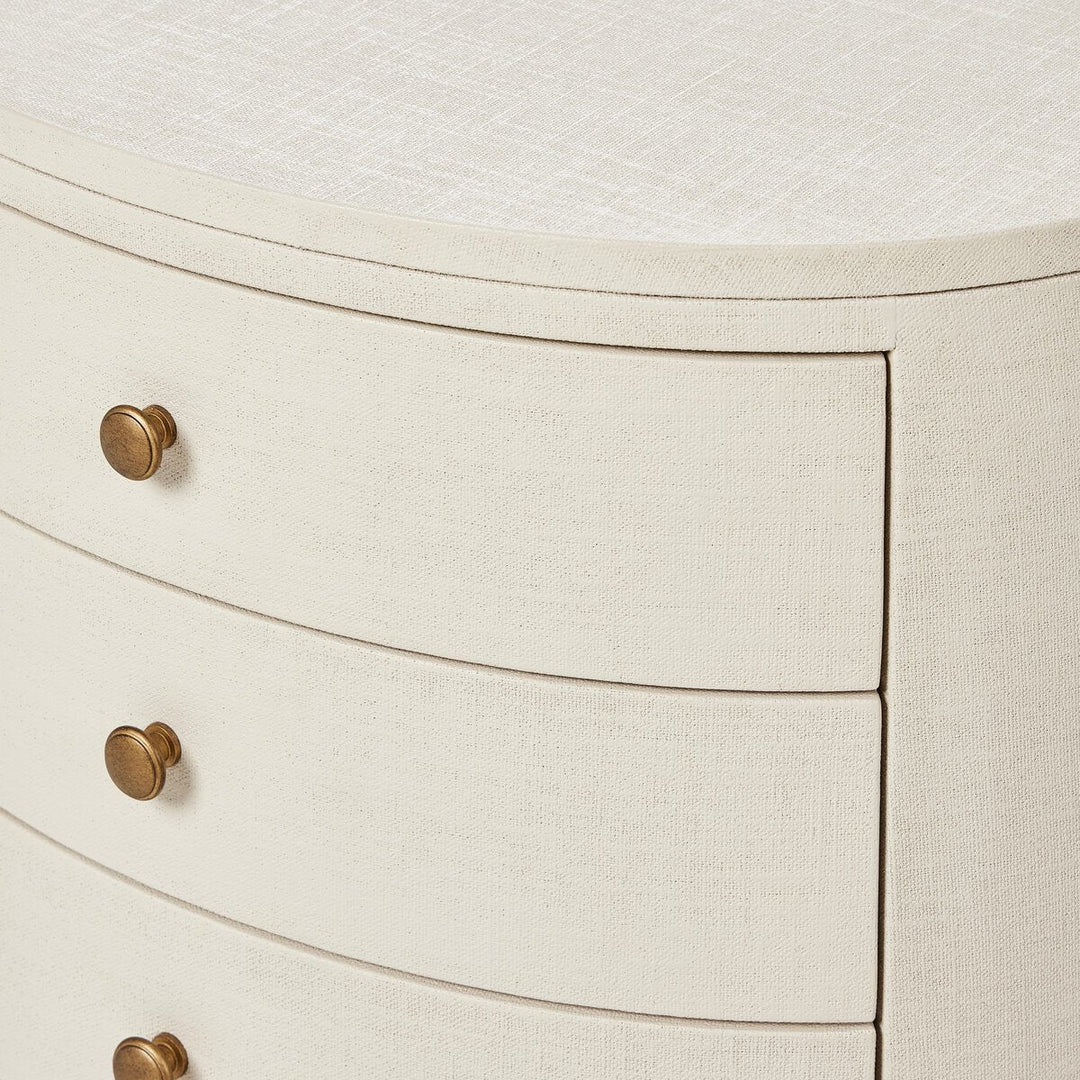 Amelia Oval Nightstand in Ivory Painted Linen curved corner detail view - Whats New Furniture Portland OR