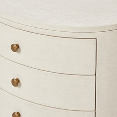 Amelia Oval Nightstand in Ivory Painted Linen curved corner detail view - Whats New Furniture Portland OR