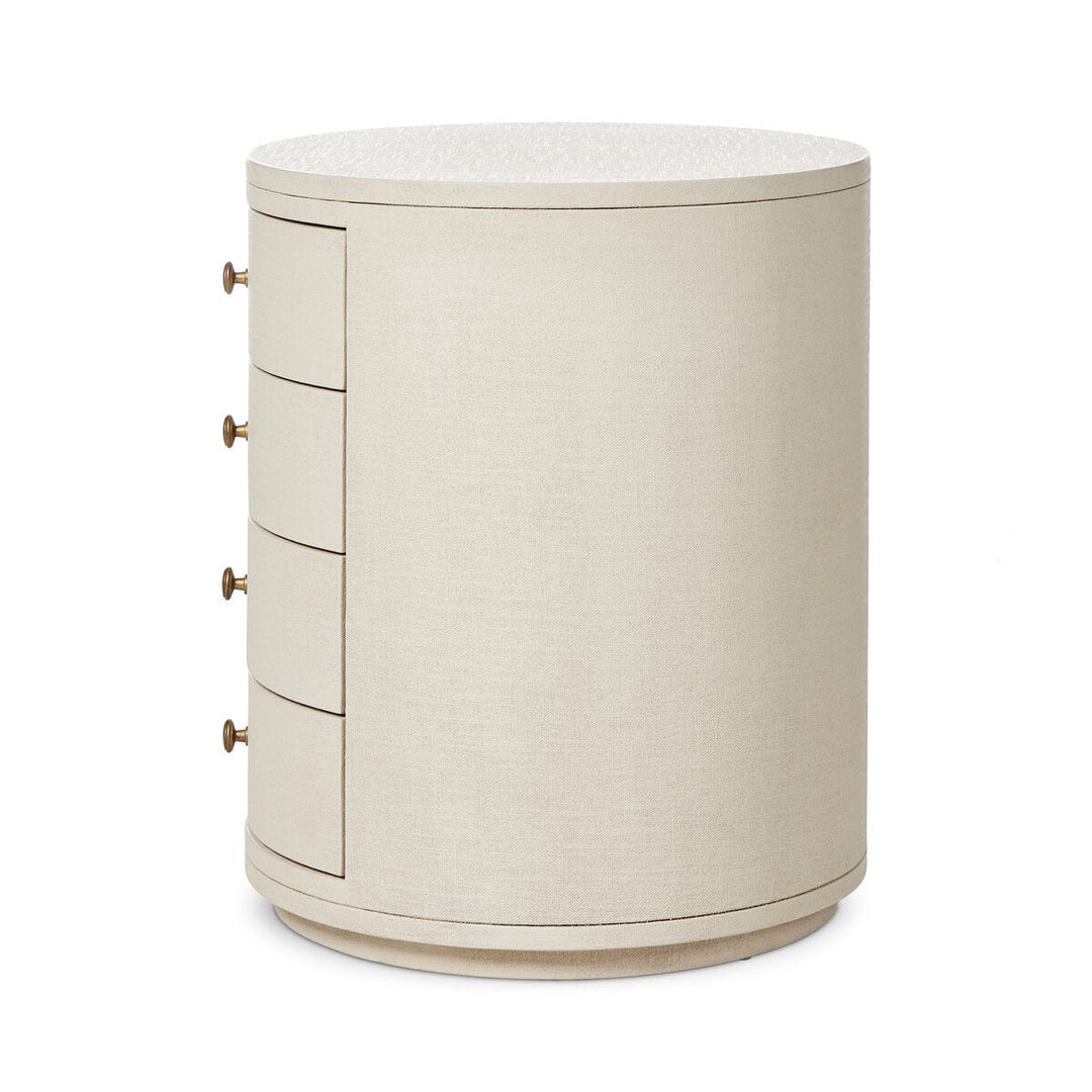 Amelia Oval Nightstand in Ivory Painted Linen side studio view - Whats New Furniture Portland OR