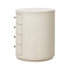 Amelia Oval Nightstand in Ivory Painted Linen side studio view - Whats New Furniture Portland OR