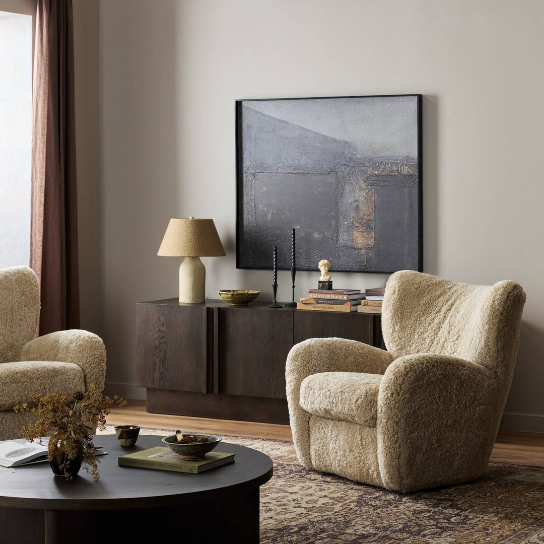 Amelie Chair in Beige Shearling back studio view - Whats New Furniture Portland OR