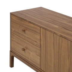 Arturo Media Console in Natural Walnut Veneer detail view of base - Whats New Furniture Portland OR