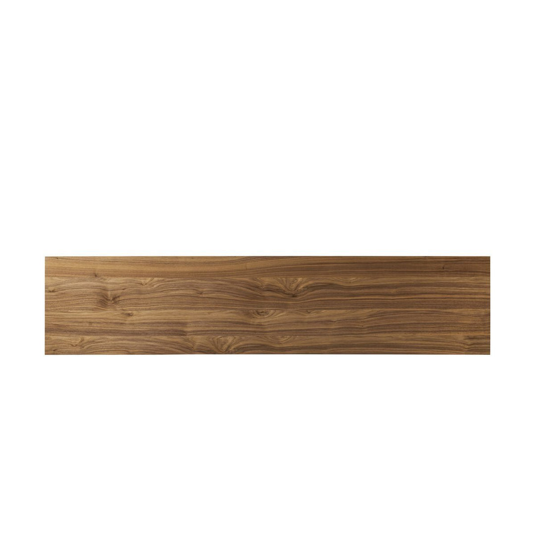 Arturo Media Console in Natural Walnut Veneer lifestyle view styled with a television - Whats New Furniture Portland OR