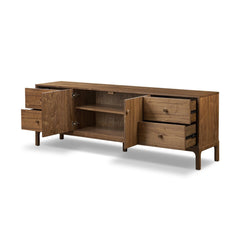 Arturo Media Console in Natural Walnut Veneer lifestyle view in a living room - Whats New Furniture Portland OR