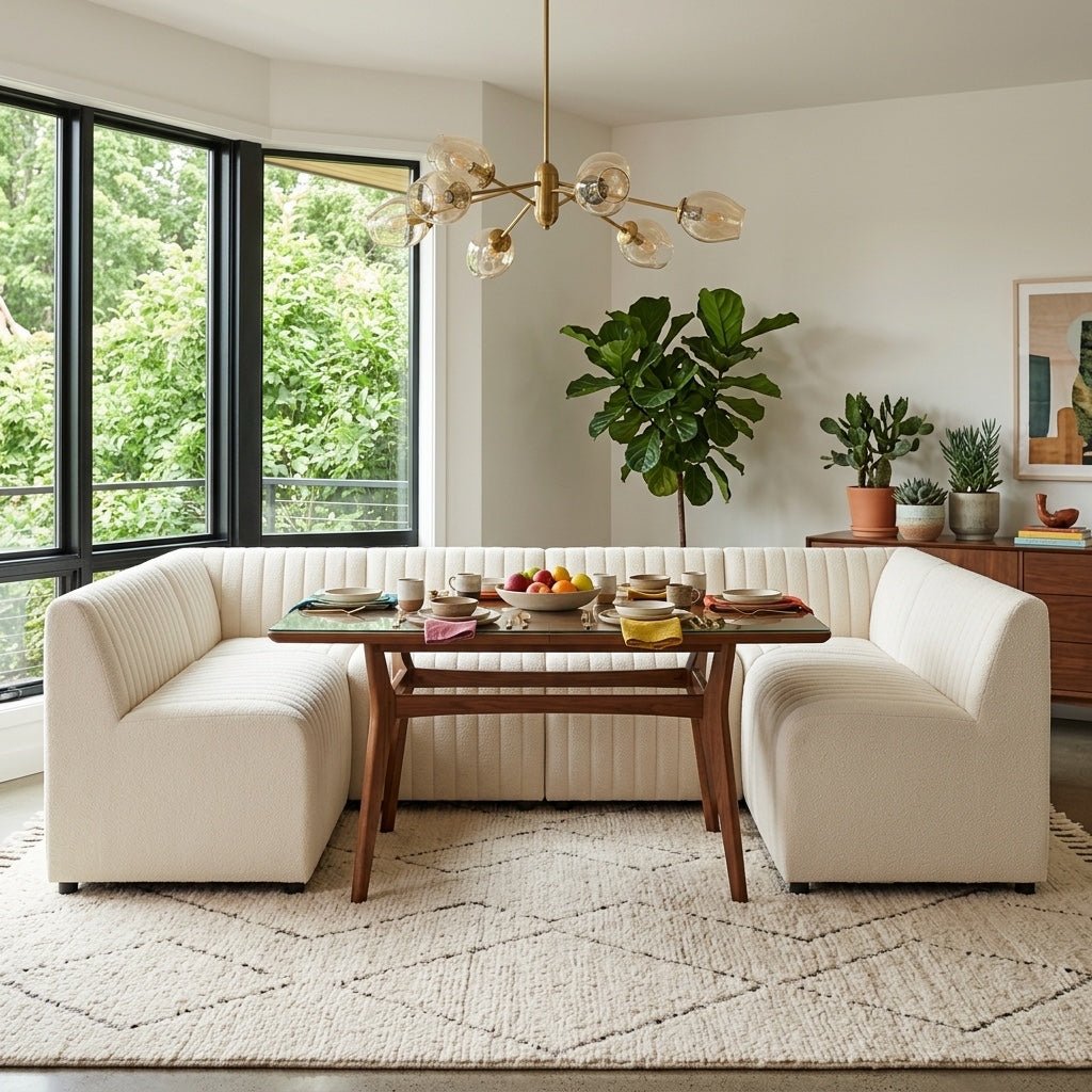 Augustine U-Shape Dining Banquette in Capri Oatmeal dining room setting - Capri Oatmeal dining banquette by Four Hands - Whats New Furniture Portland OR