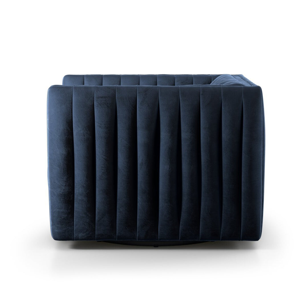 Augustine Swivel Chair in Sapphire Navy side studio view - Whats New Furniture Portland OR