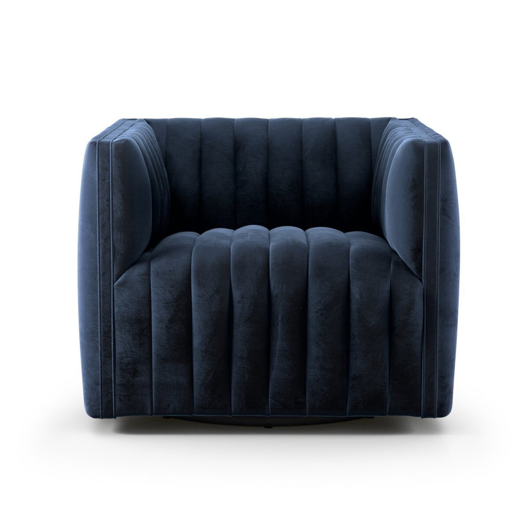 Augustine Swivel Chair in Sapphire Navy front studio view - Whats New Furniture Portland OR