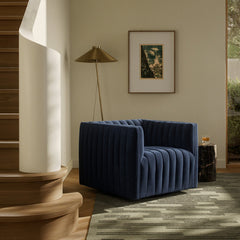 Augustine Swivel Chair in Sapphire Navy back studio view - Whats New Furniture Portland OR