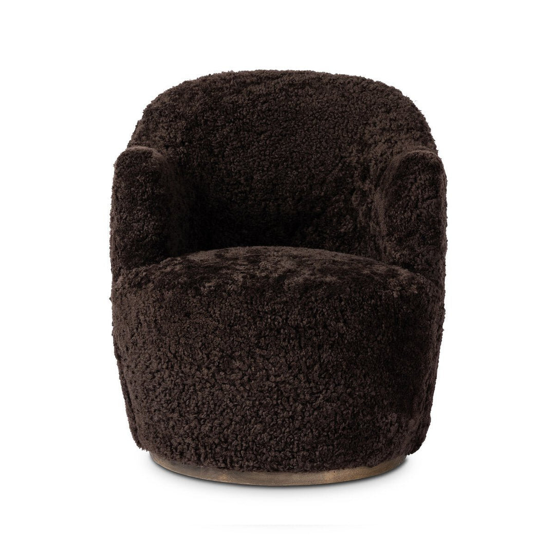 Aurora Swivel Chair in Cocoa Shearling front studio view - Whats New Furniture Portland OR