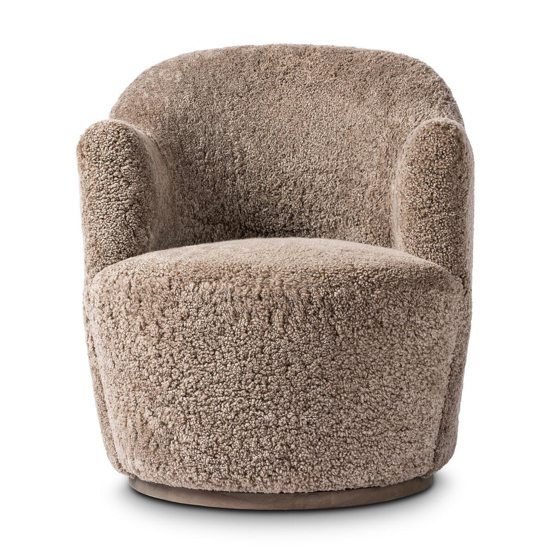 Aurora Swivel Chair in Taupe Shearling front studio view - Whats New Furniture Portland OR