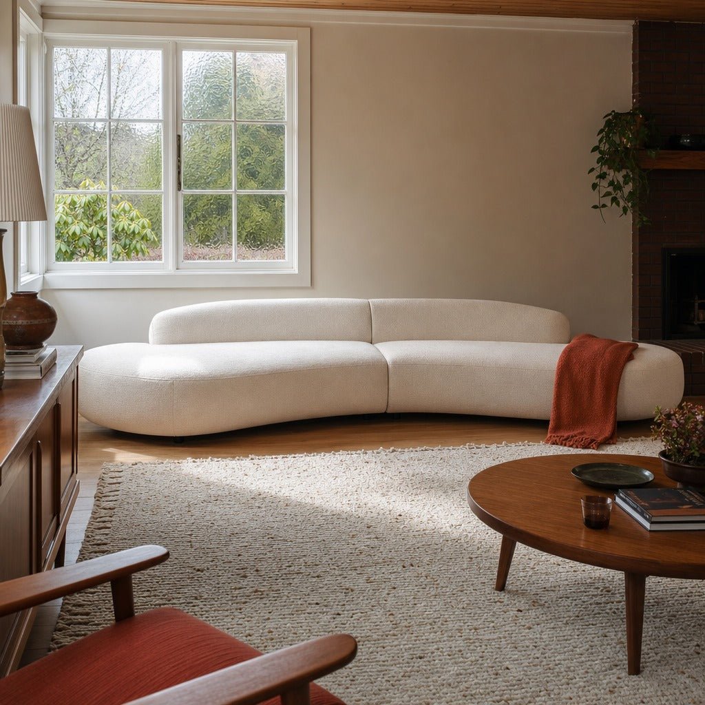 Belen Double Chaise in Crypton Nomad Snow styled in Portland 1960s Garden Home ranch living room - Whats New Furniture