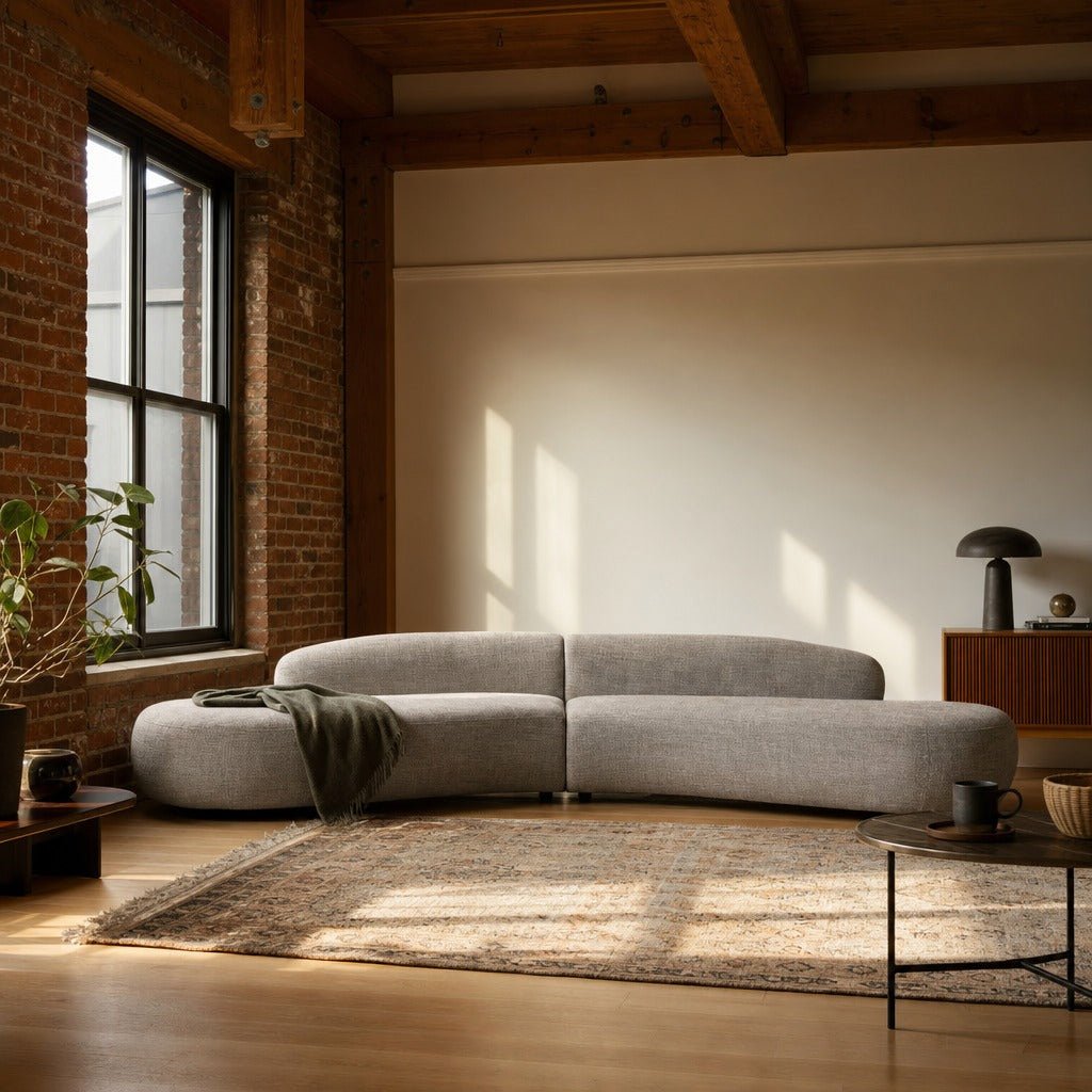 Belen Double Chaise in Thames Coal styled in Portland converted warehouse flat with warm exposed brick and fir timber beams (no steel, no concrete) living room - Whats New Furniture