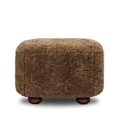 Bilbury Oval Ottoman in Amber Shearling front studio view - Whats New Furniture Portland OR