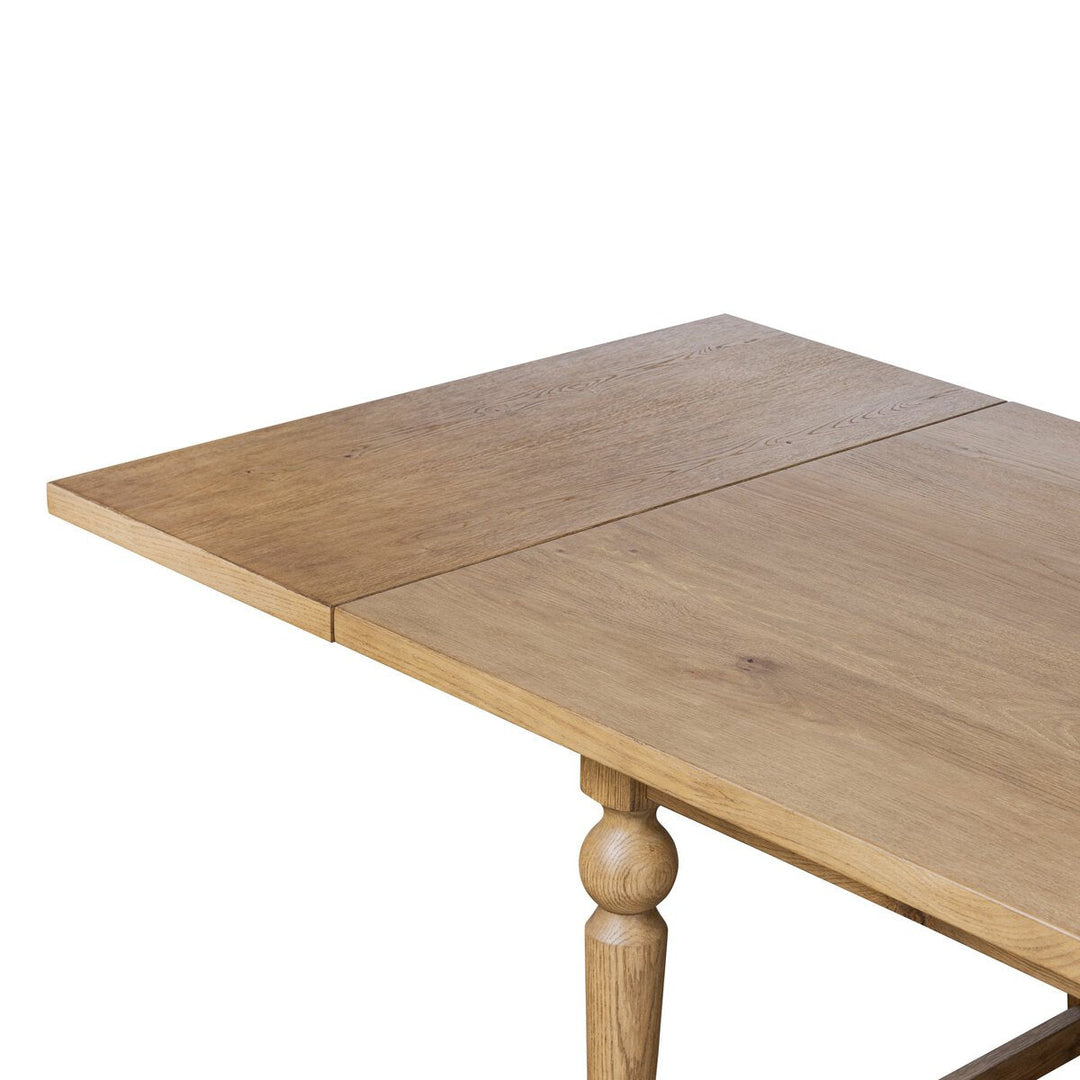 Blinn Extension Dining Table in Worn Oak Veneer detail view - Whats New Furniture Portland OR