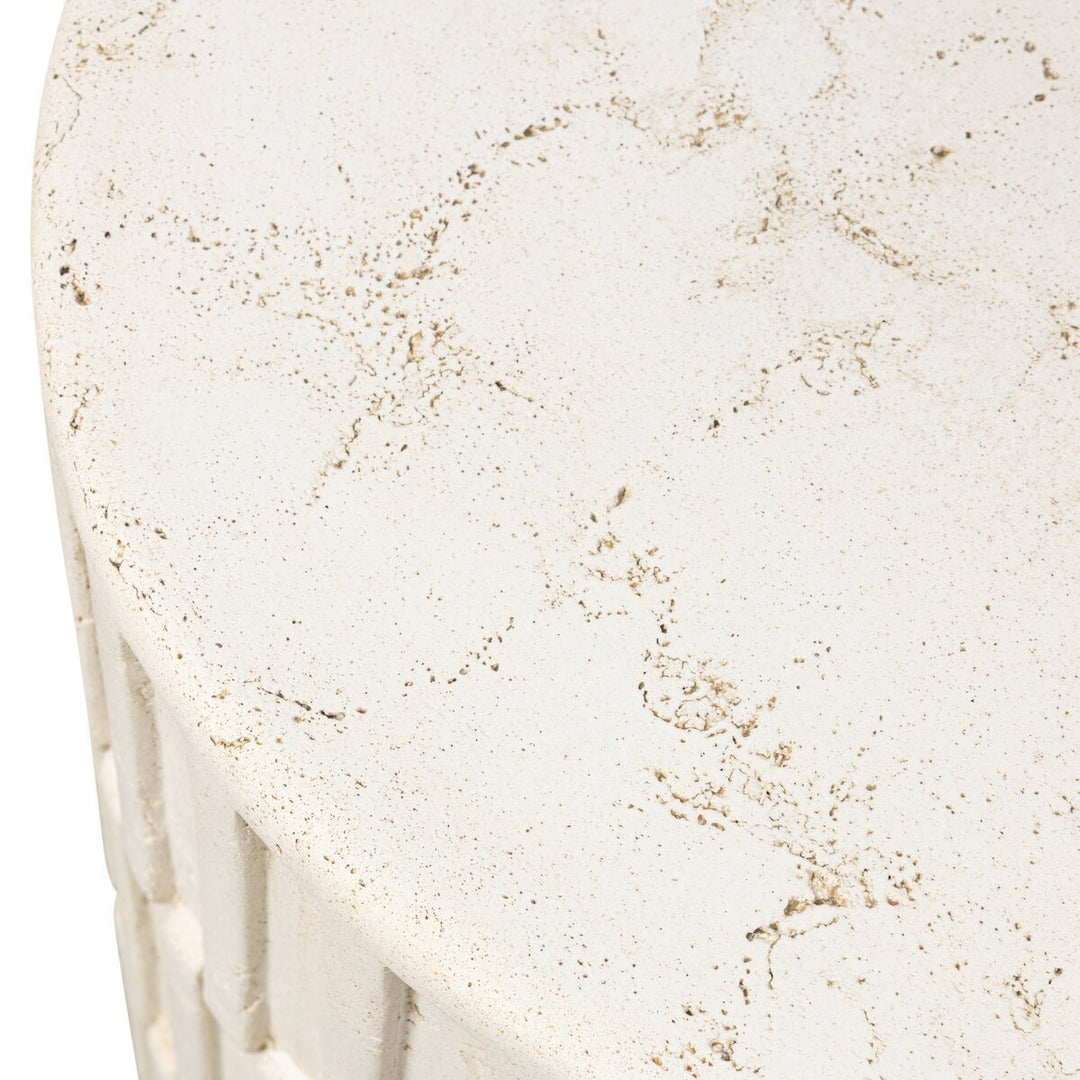 Callisto Outdoor End Table in Aged White Concrete side view - Whats New Furniture Portland OR