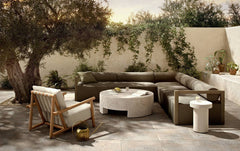 Cardiff Outdoor Chair in Faye Sand, Natural Teak detail view - Whats New Furniture Portland OR