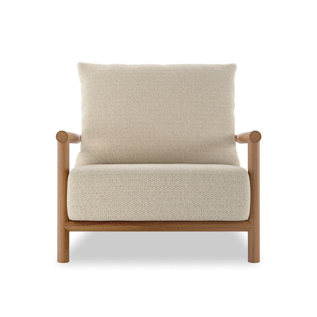 Cardiff Outdoor Chair in Faye Sand, Natural Teak front studio view - Whats New Furniture Portland OR