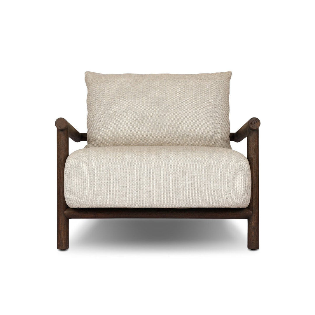 Cardiff Outdoor Chair in Faye Sand, Saddle Brown Teak front studio view - Whats New Furniture Portland OR