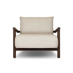 Cardiff Outdoor Chair in Faye Sand, Saddle Brown Teak front studio view - Whats New Furniture Portland OR