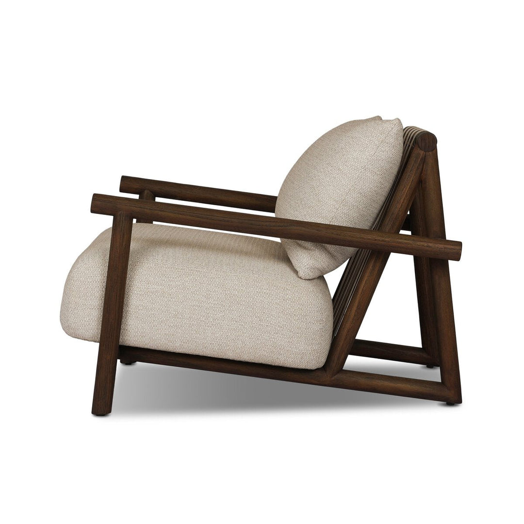 Cardiff Outdoor Chair in Faye Sand, Saddle Brown Teak side view - Whats New Furniture Portland OR